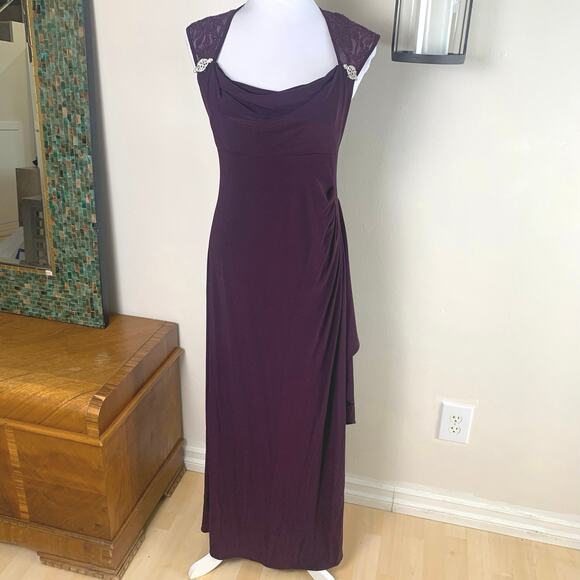 R&M Richards Petite Sz 10P Ruched Bum Long Dress Rhinestone Plum Wine Cocktail - Picture 2 of 16